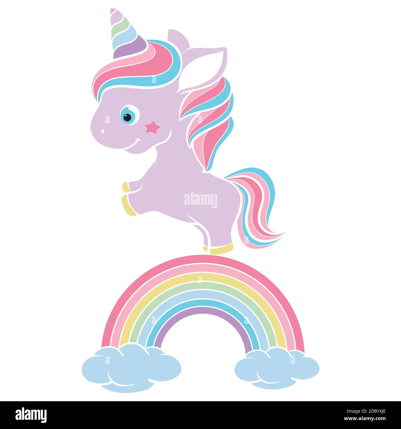 Magic cute unicorn, walking on the rainbow. Vector illustration, on a white background, isolated Stock Vector