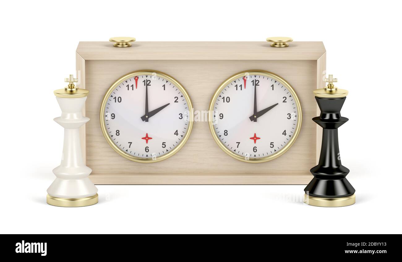 Black and white chess kings and analog chess clock on white background