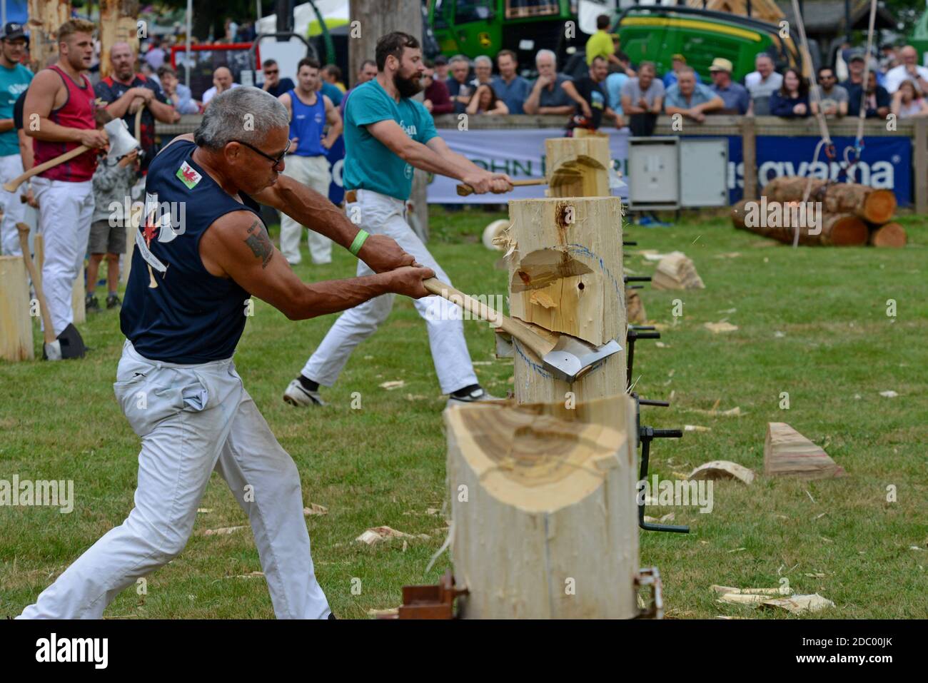 Axemen from several countries competing at the standing block axe racing  competition at the 100th Royal Welsh Show 2019, Builth Wells Stock Photo -  Alamy