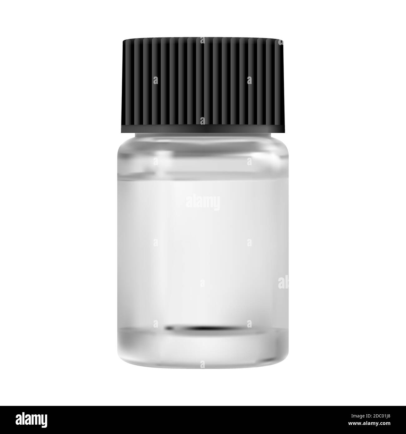 Glass medicine bottle. Small essential oil vial mockup. Clear medical container for serum with black lid. Liquid omega fat jar. Glossy flacon for phar Stock Vector