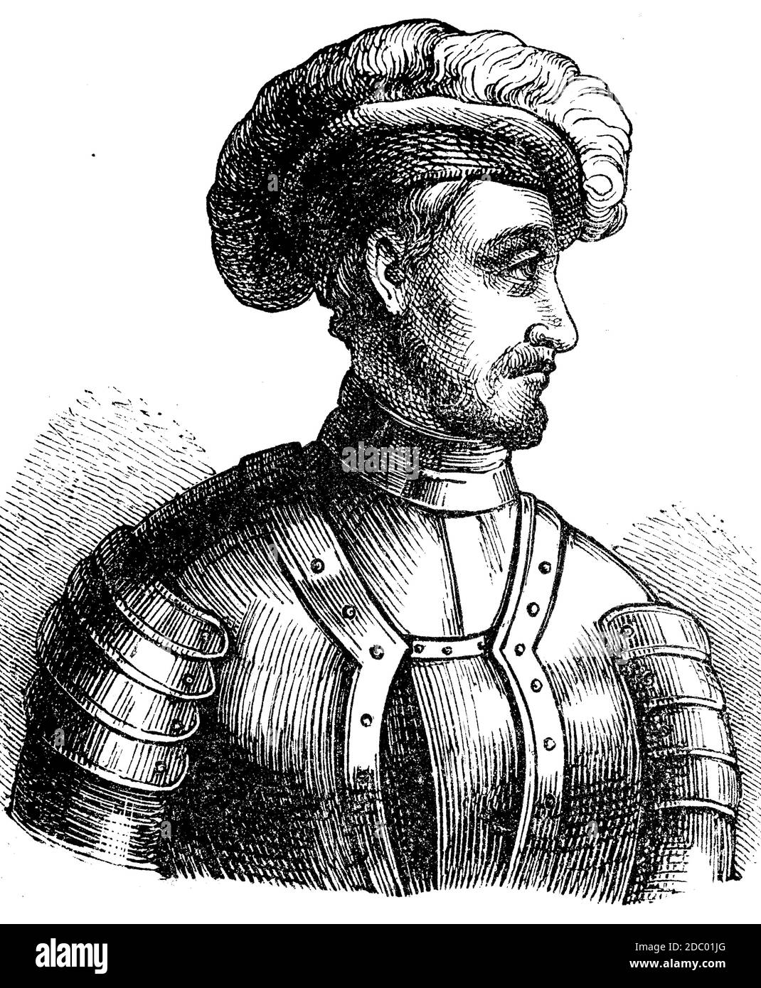 Charles III., 17 February 1490 – 6 May 1527, French military leader, the count of Montpensier, Clermont and Auvergne, and dauphin of Auvergne from 1501 to 1523, then duke of Bourbon and Auvergne, count of Clermont-en-Beauvaisis, Forez and La Marche, and lord of Beaujeu from 1505 to 1521  /  Charles III., Herzog von Bourbon-Montpensier, 17. Februar 1490 - 6. Mai 1527, war ein französischer Politiker und erfolgreicher Heerführer, Historisch, historical, digital improved reproduction of an original from the 19th century / digitale Reproduktion einer Originalvorlage aus dem 19. Jahrhundert Stock Photo