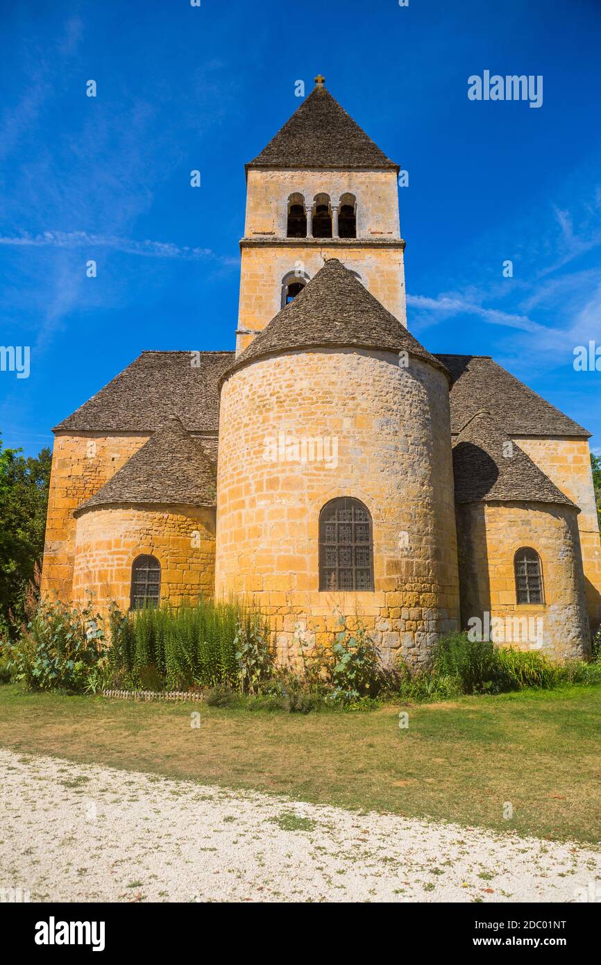 The Romanesque church (XIIth century), classified as a historical monument in Saint-Leon-sur-Vezere, Dordogne, France Stock Photo