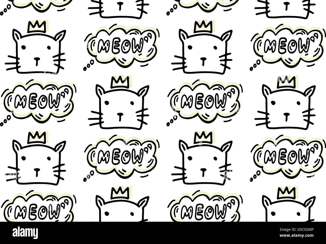 Seamless pattern with hand drawn lines cartoon cats with a crown and bubble with meow. Animals vector illustration with doodle kittens. For your Stock Vector