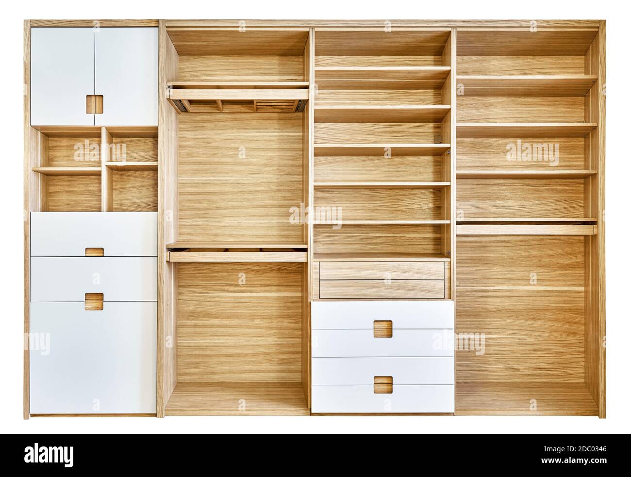 Modern wardrobe with empty shelves isolated on white background. Modern wooden wardrobe with