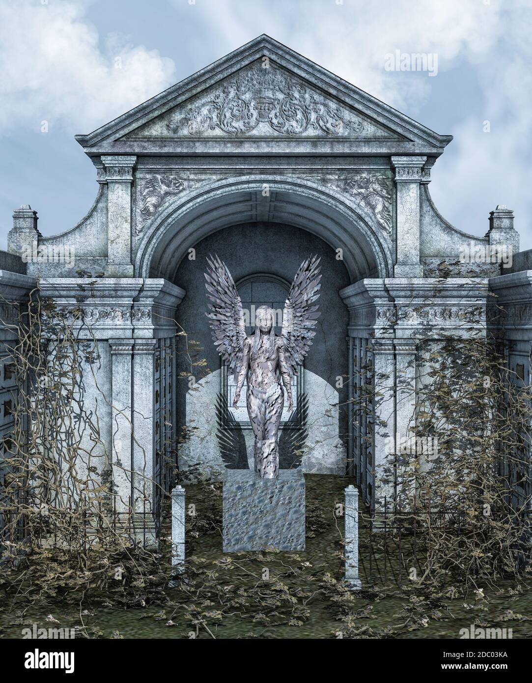 Defunct Angels Ancient abandoned cathedral with cemetery and statue of woman angel ...