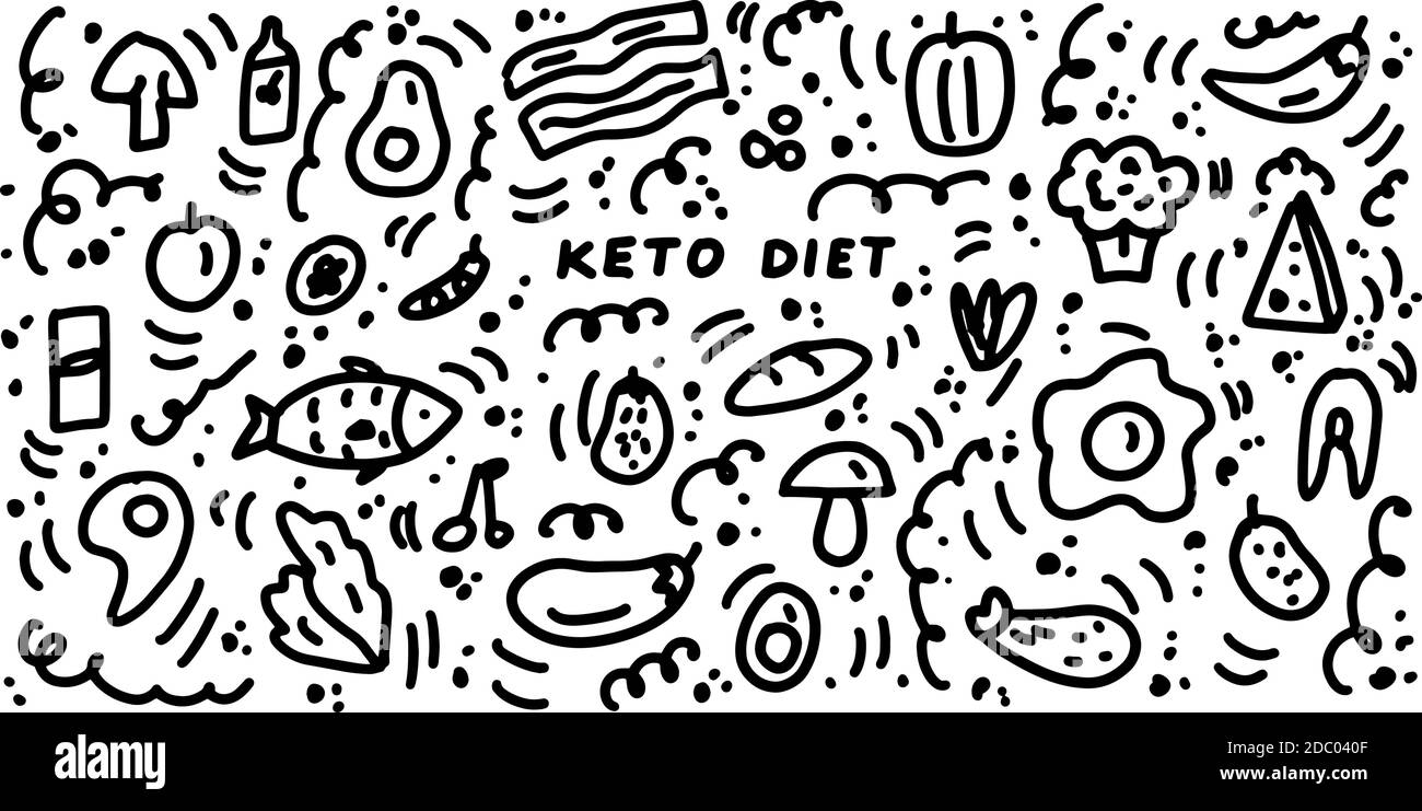 Keto doodle hand drawn illustrations. Ketogenic diet icon set. Organic food. Vector doodle illustration isolated on white background. Stock Vector