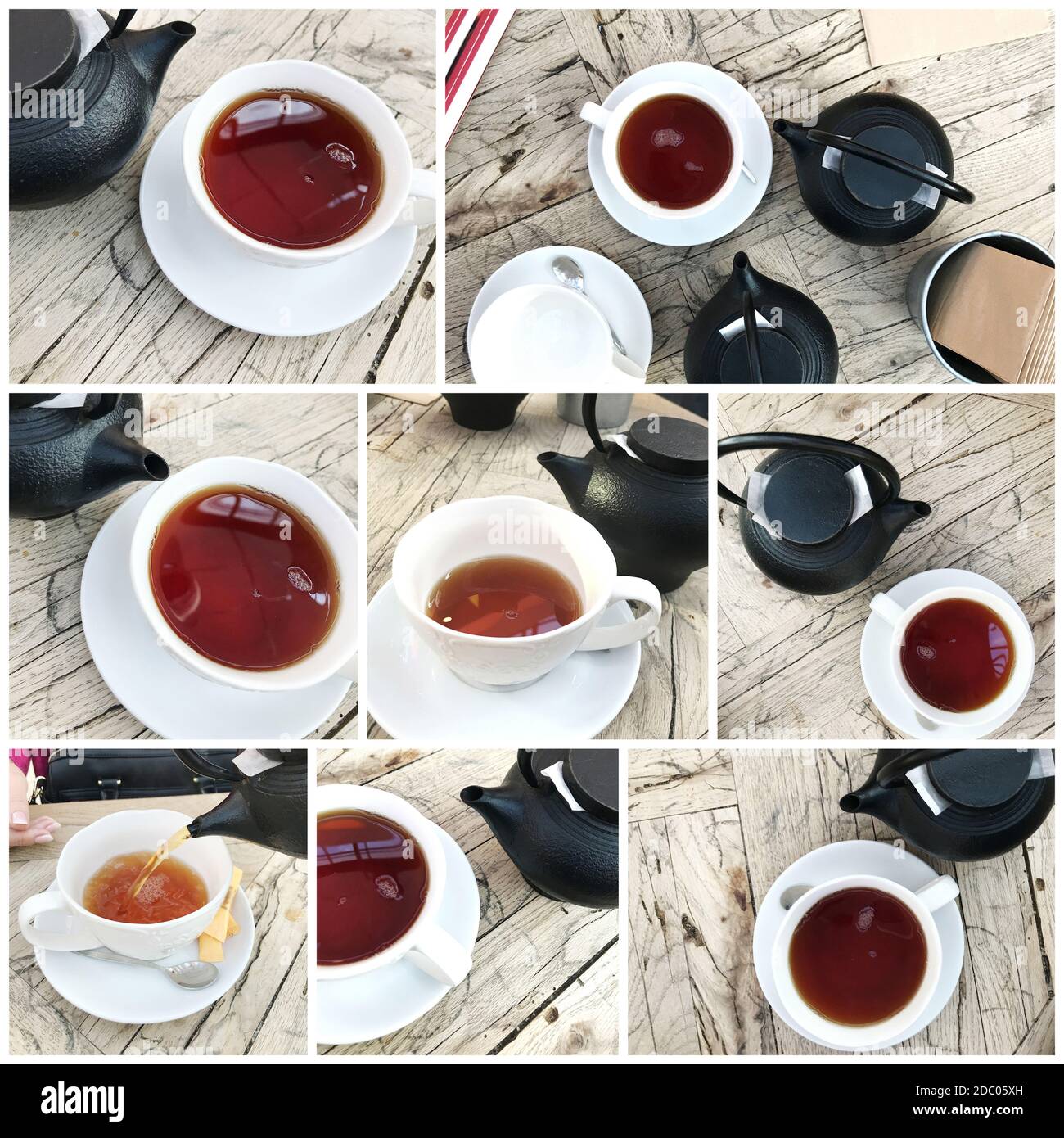 Teapot Pouring Drink In Cup On Table. Pouring Tea British Style. Kettle Pouring Tea In Cup Stock