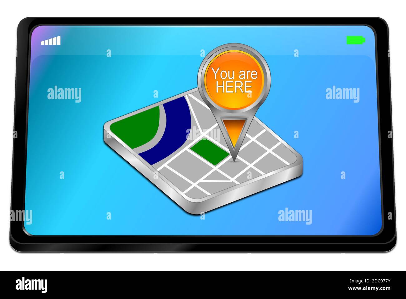 Tablet computer with orange You are Here Map Pointer on blue desktop ...