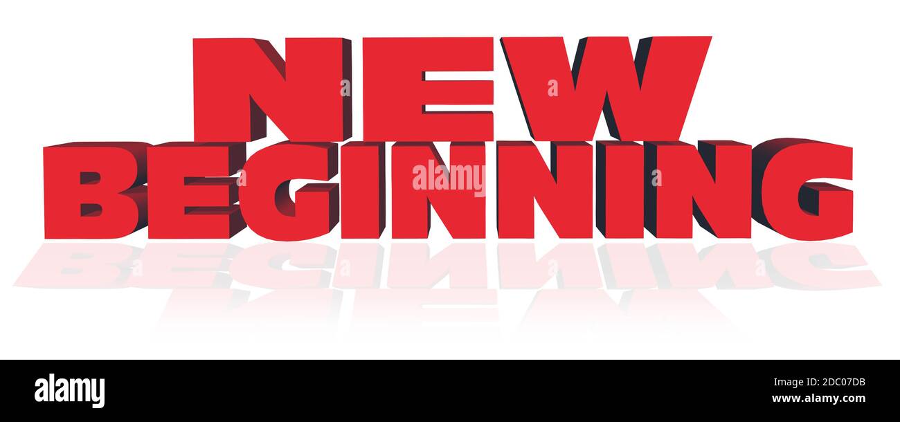 NEW BEGINNING lettering in red color with reflections on the floor ...