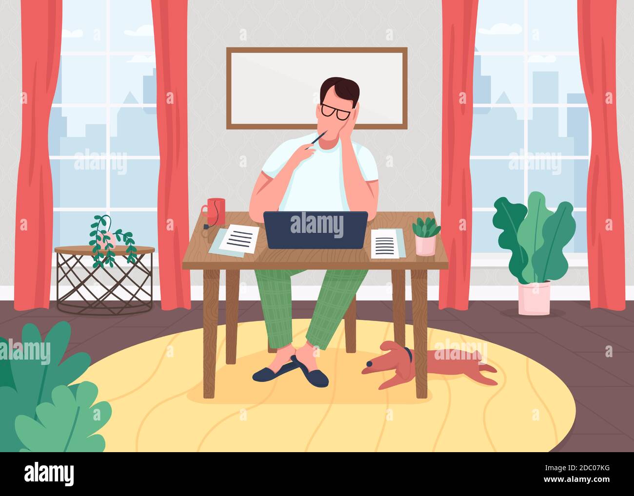 Writer at laptop flat color vector illustration Stock Vector