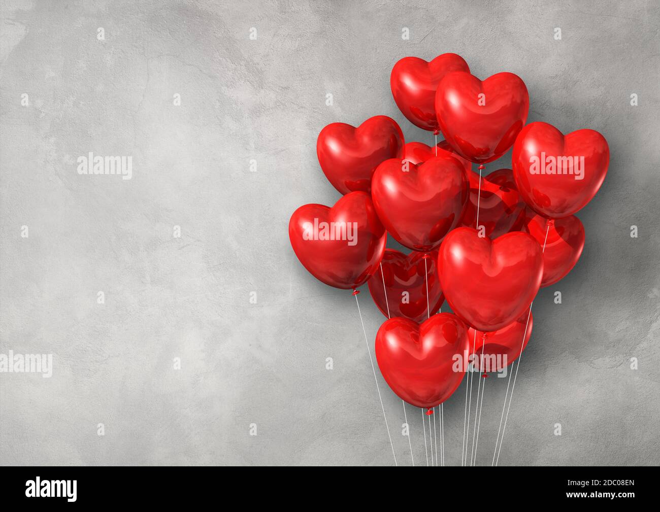 Red heart shape air balloons group on a concrete wall banner. 3D ...