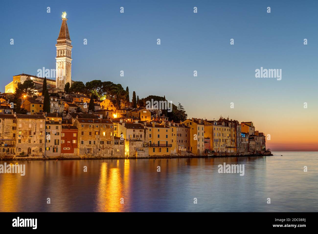 The idyllic old town of Rovinj in Croatia after sunset Stock Photo