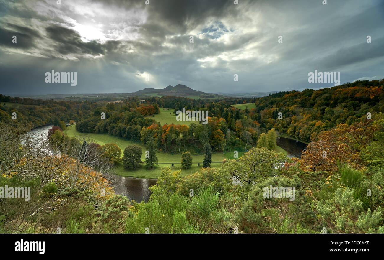 The Eildon Hils under a moody autumn sky as seen from Scott's View in t he Scottish Borders. Stock Photo