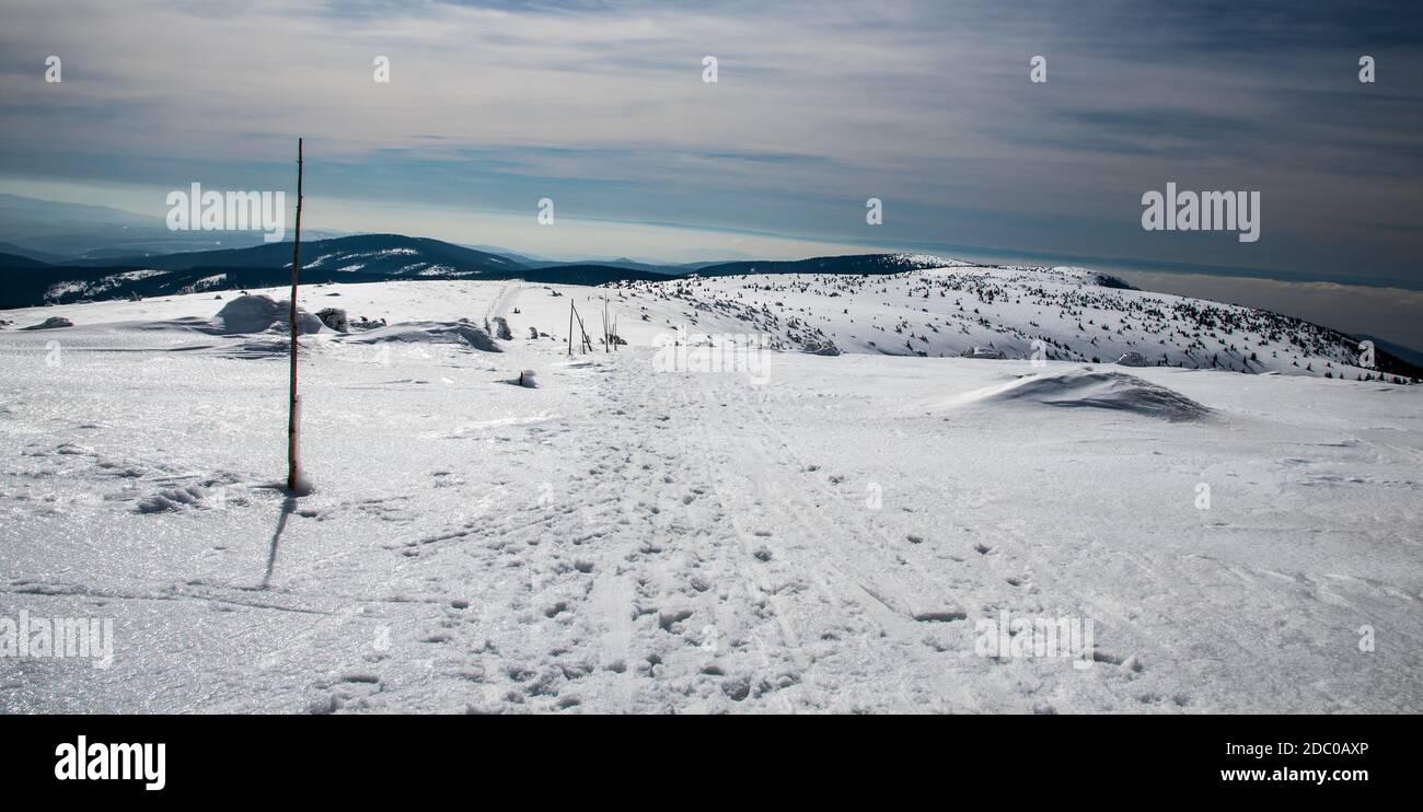 Winter Jeseniky mountains from Vysoka hole hill in Czech republic with hills, snow covered hiking trail and blue sky with clouds Stock Photo