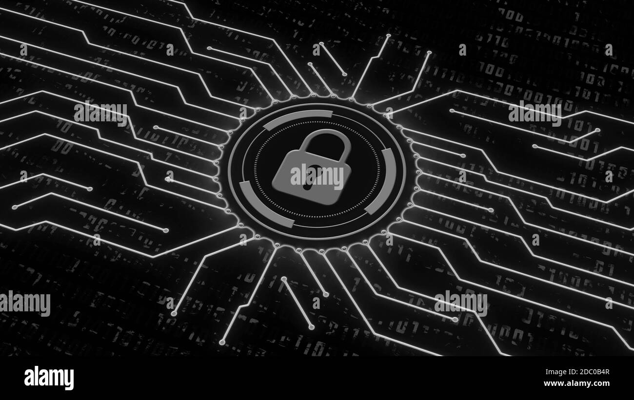 Digital security concept - closed padlock in center of concentric rings and data circuit lines in front of a blurred binary code screen - graphic elements in grey color on black background Stock Photo