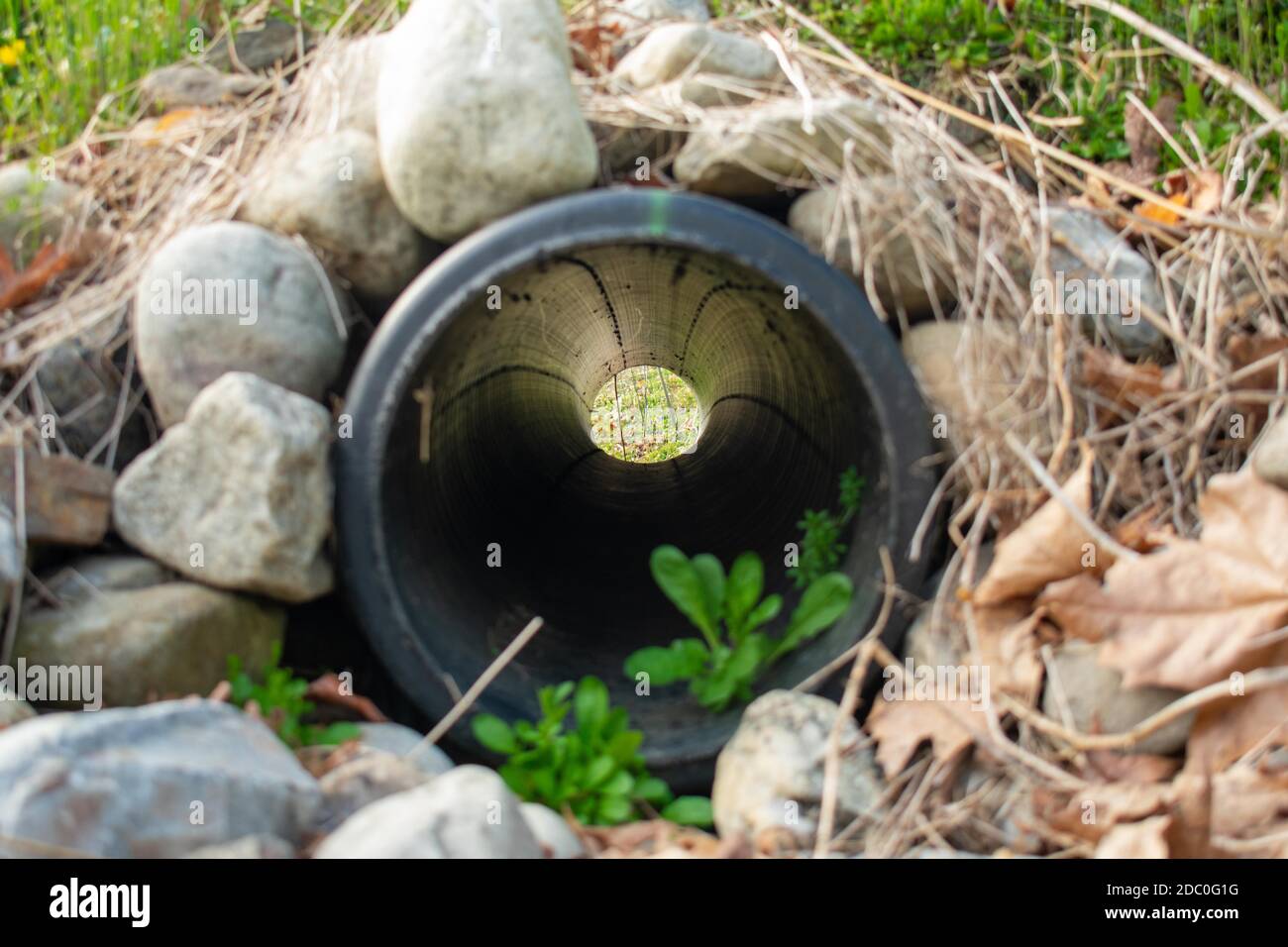 Looking Through a French Drain With a Black Pipe and Large Rocks Surrounding It Stock Photo