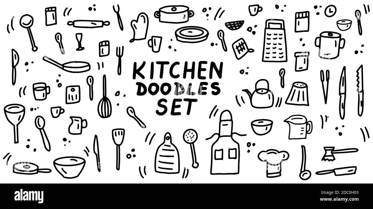 Kitchen doodles icon set. Hand drawn lines kitchen cooking tools and