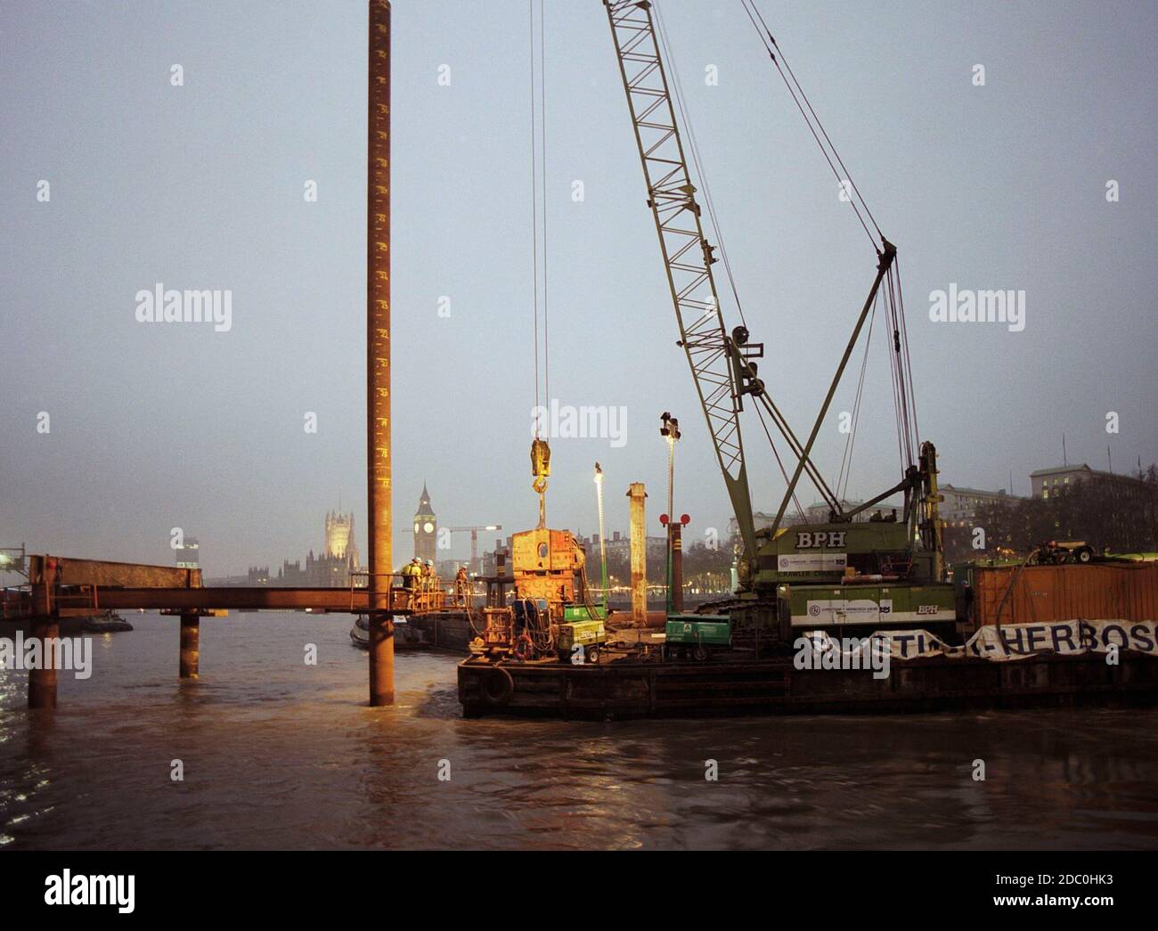 1996, construction works on the river Thames at Hungerford Bridge, London, South East England, UK Stock Photo