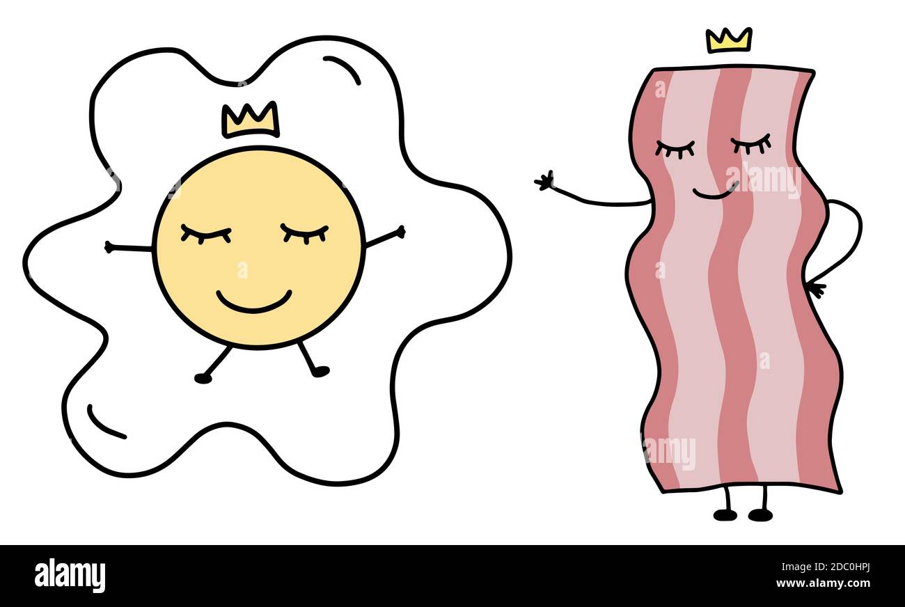 Cute breakfast. Cartoon fried egg and bacon. Funny doodle characters