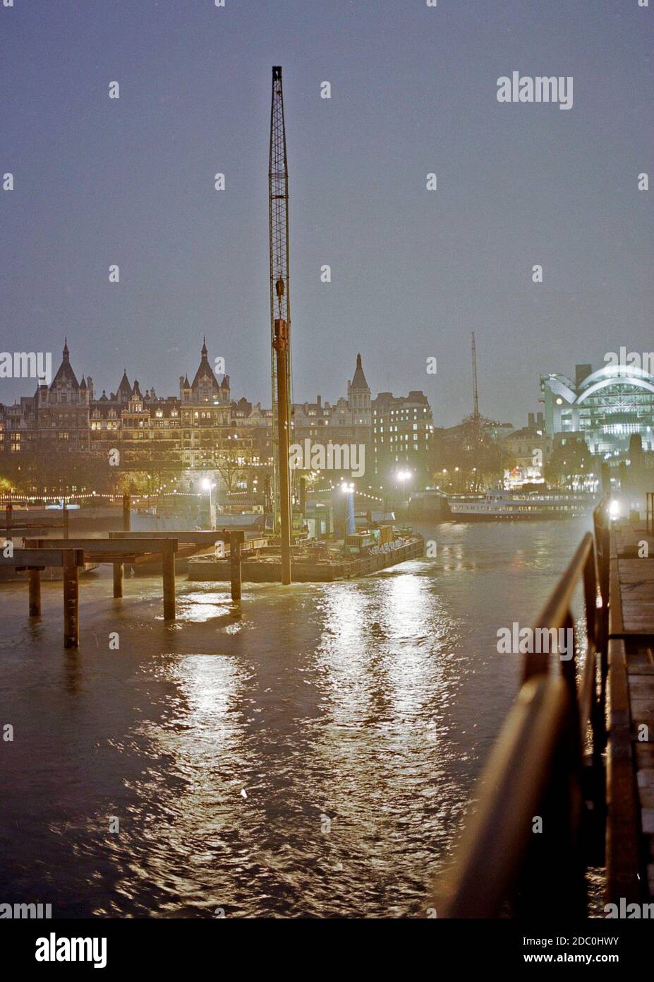 1996, construction works on the river Thames at Hungerford Bridge, London, South East England, UK Stock Photo