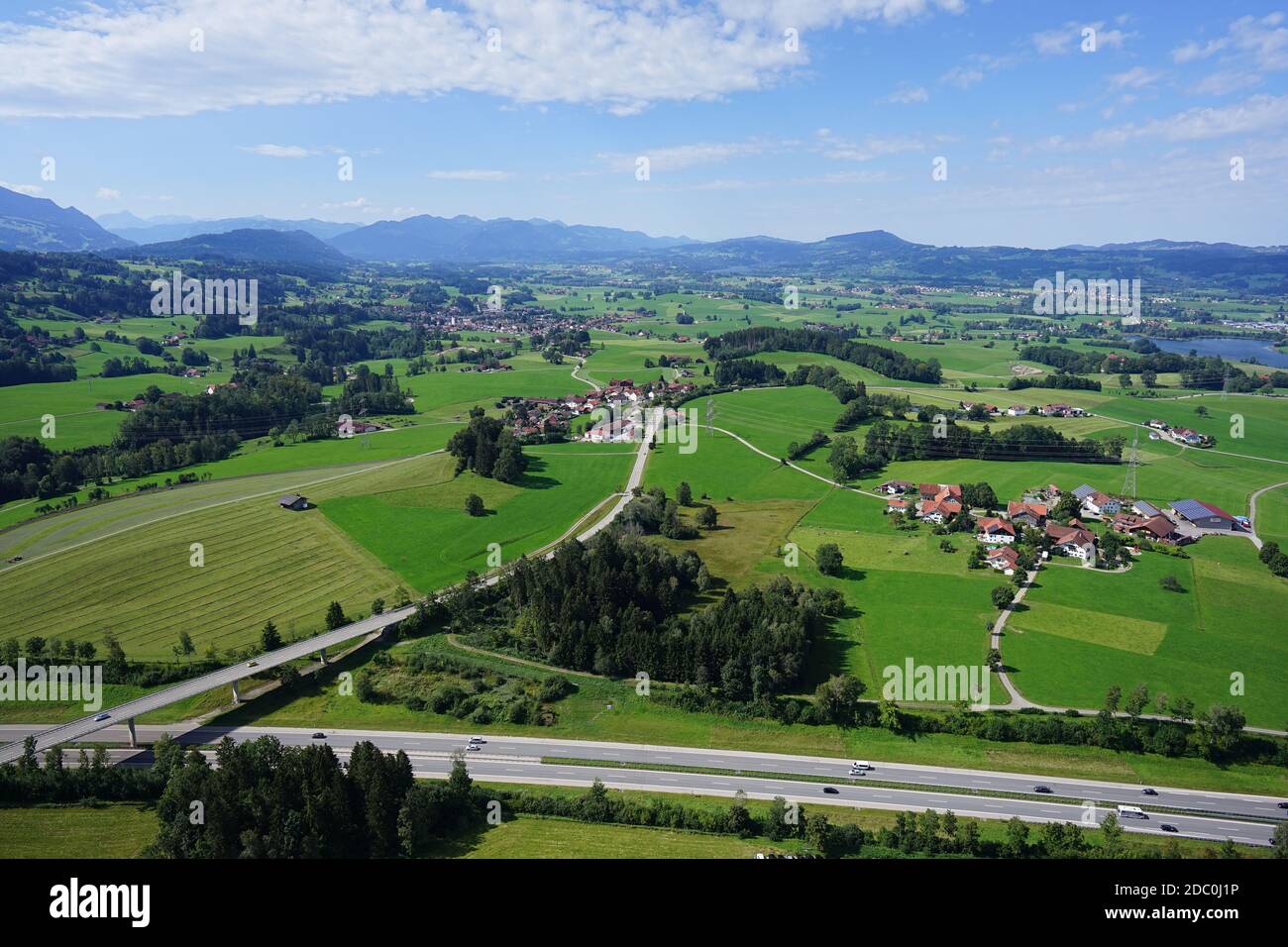 Aerial view of the landscape with villages, roads and highways near Kempten in the AllgÃ¤u Stock Photo
