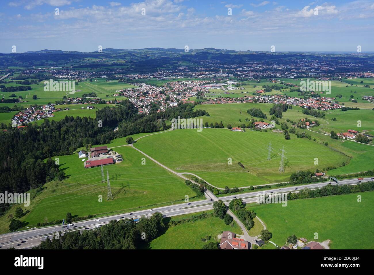 Aerial view of the landscape with villages, roads and highways near Kempten in the AllgÃ¤u Stock Photo