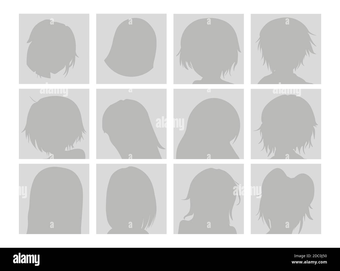 Vector Big Set of Anime Faces with Hair. Flat Gray Icons of Girls