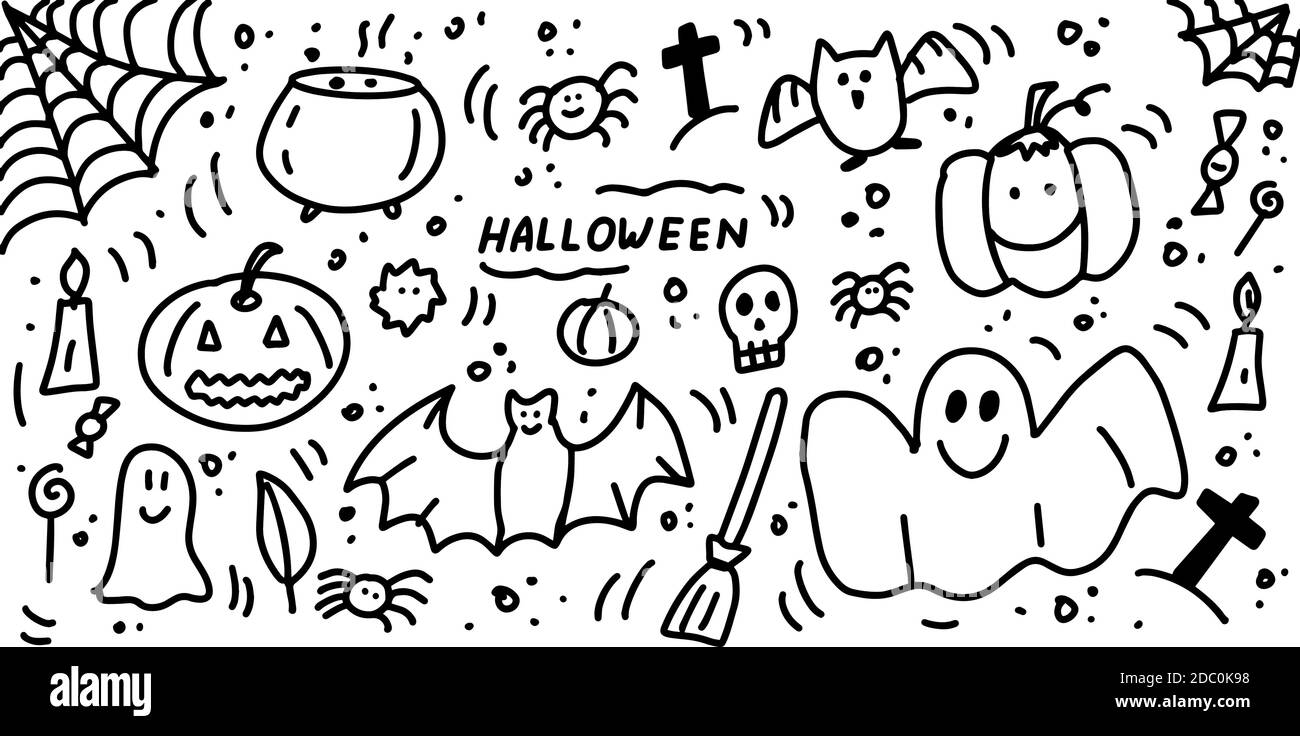 Cute cartoon skull and pumpkin Halloween doodle element. 24864836 PNG