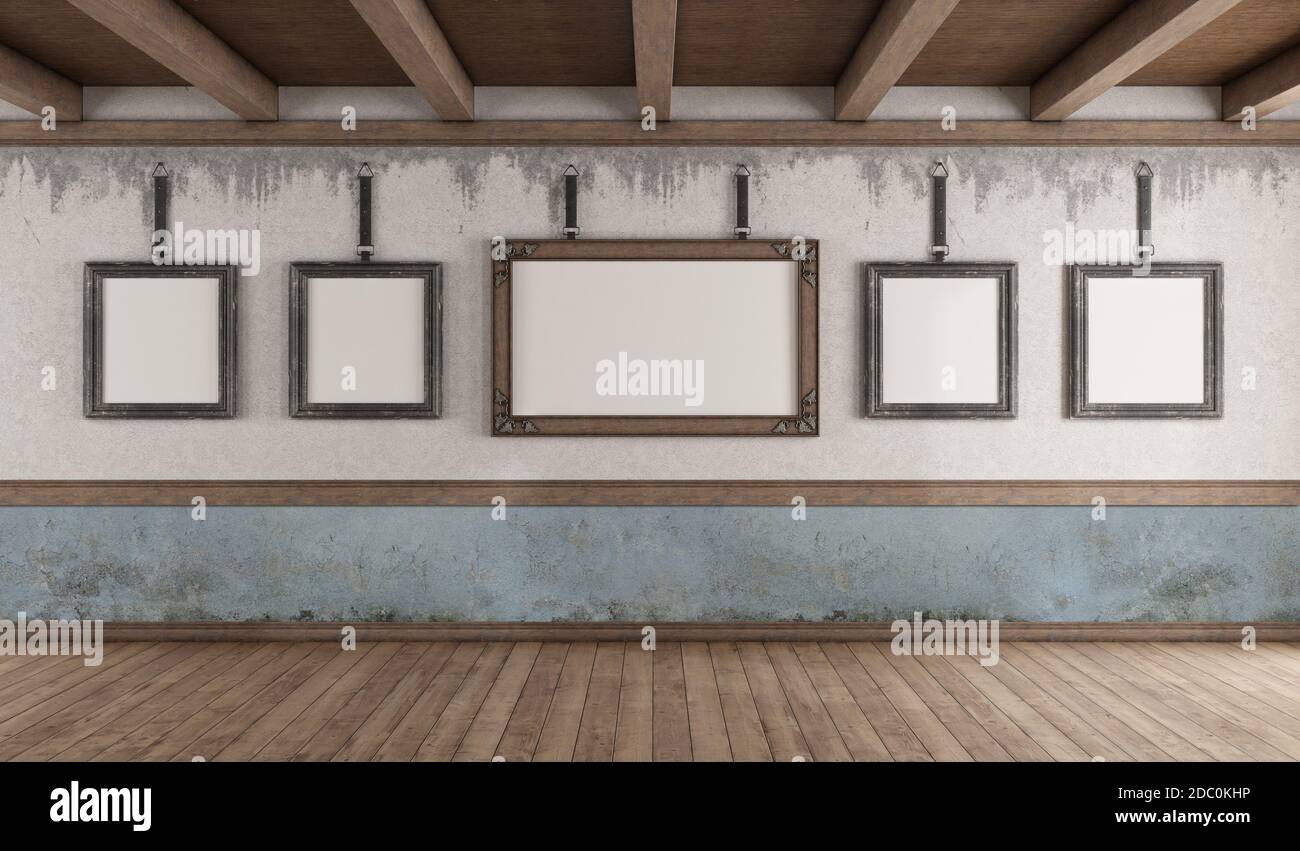 Retro style art gallery with picture frame on old wall and wooden ...