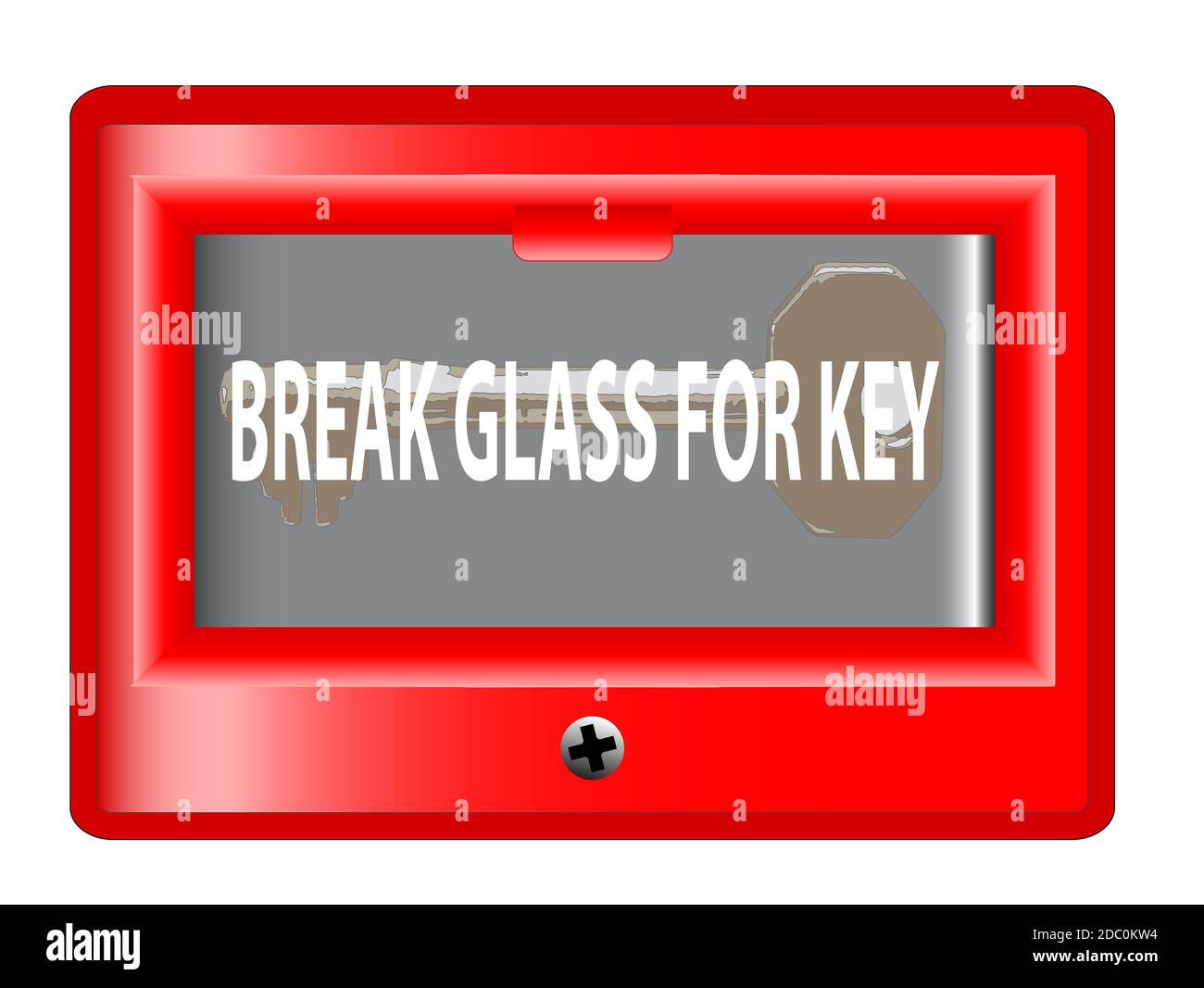 A 'break glass for key' emergency box over a white background Stock