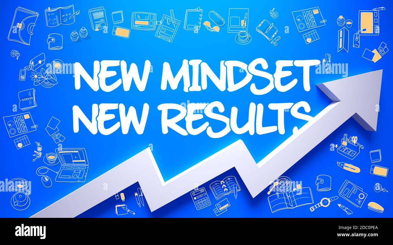 New Mindset New Results Drawn on Blue Wall. Illustration with Doodle Design Icons. New Mindset New Results - Enhancement Concept. Inscription on the A Stock Photo