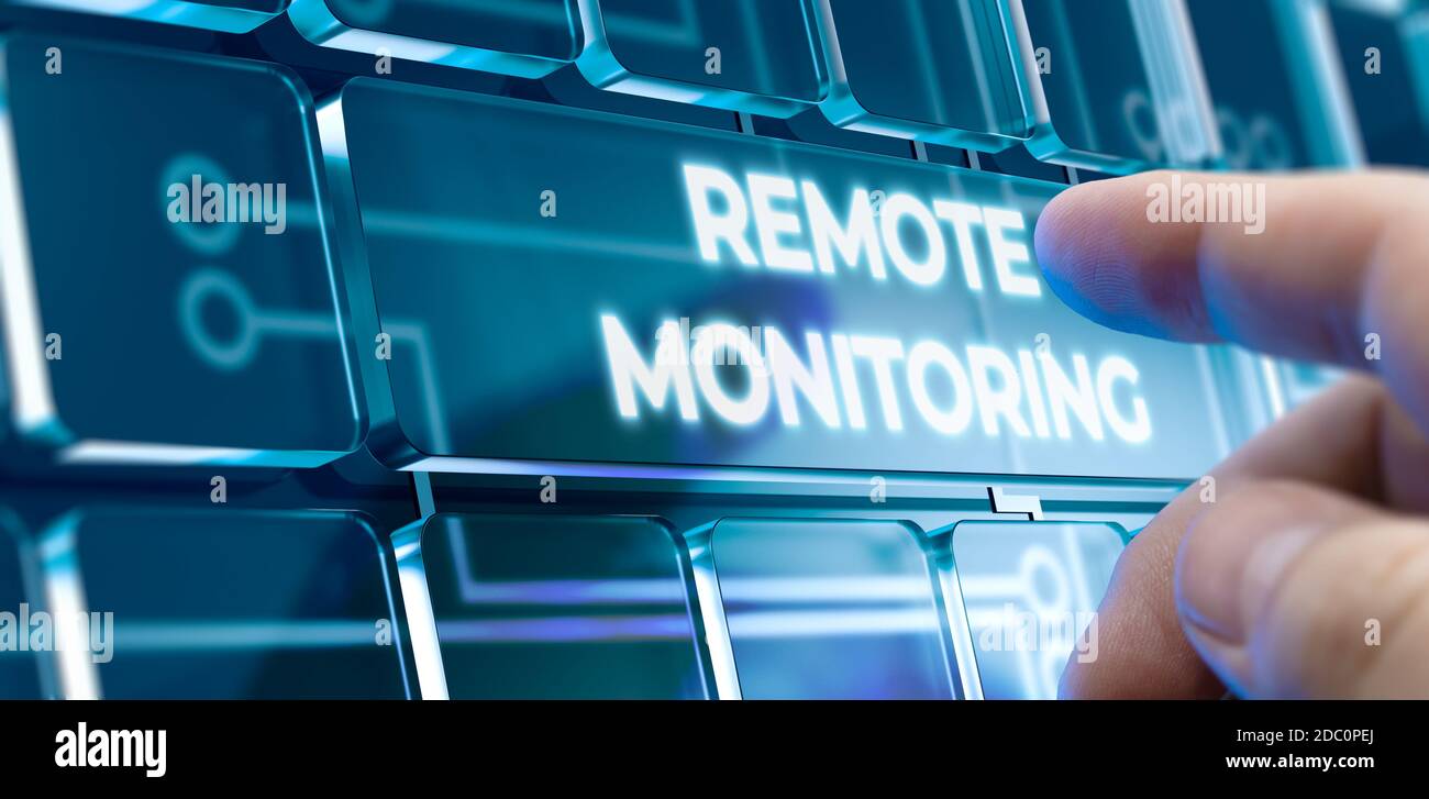 Man Using a Remote Monitoring System by Pressing a Button on Futuristic Interface. Business Concept Stock Photo