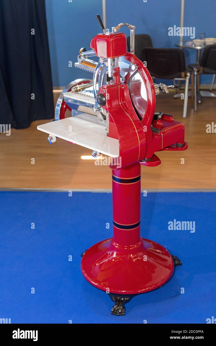 Red Retro Style Meat Slicer With Flywheel Stock Photo Alamy