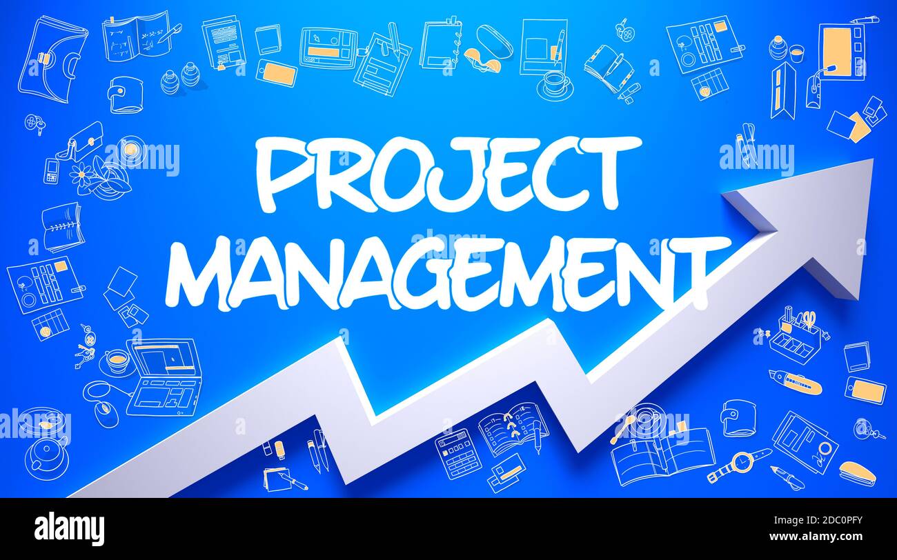 Project Management - Business Concept. Inscription on the Blue Wall with Hand Drawn Icons Around. Blue Surface with Project Management Inscription and Stock Photo