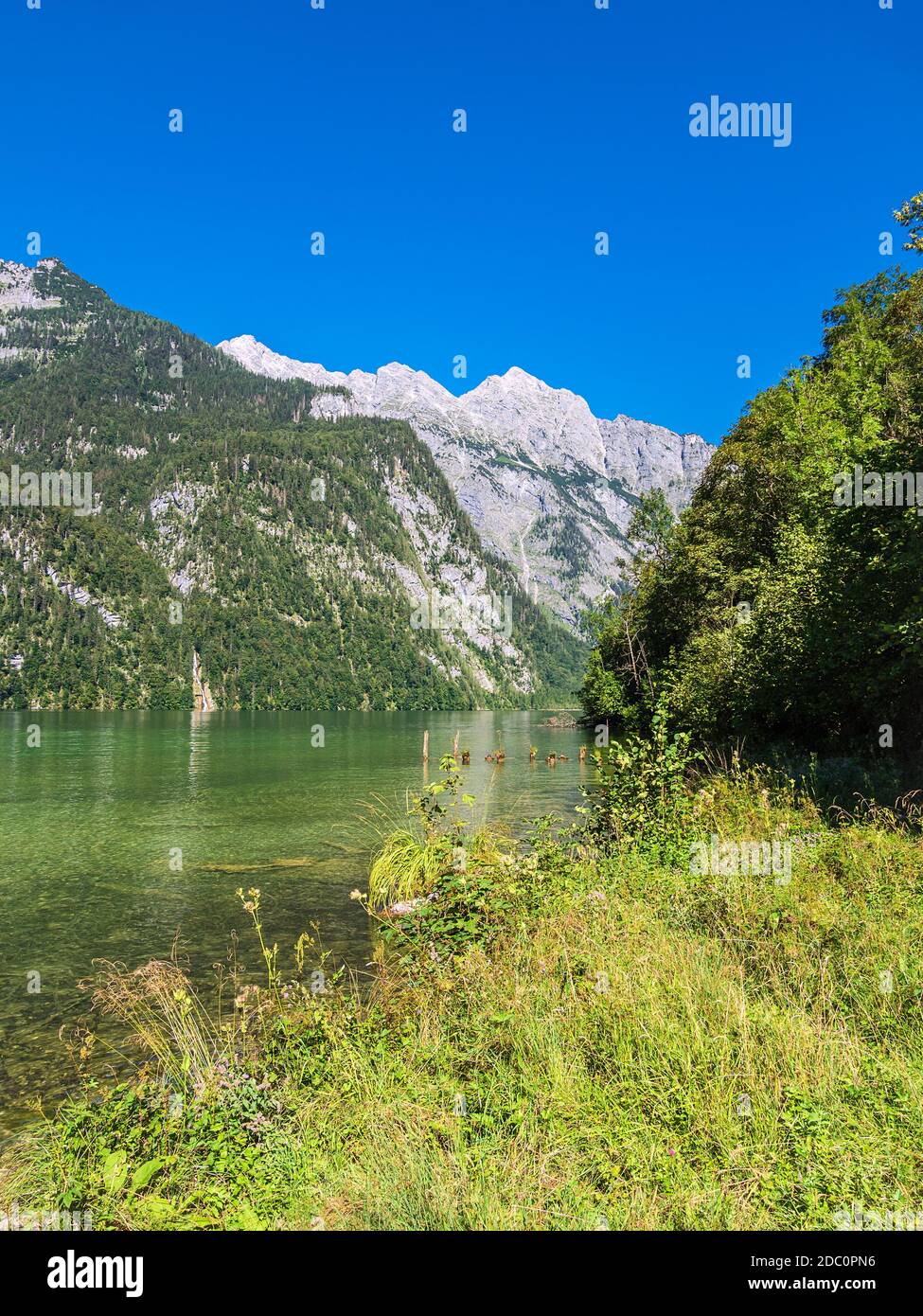 Lake Koenigssee with rocks and trees in the Berchtesgaden Alps, Germany ...
