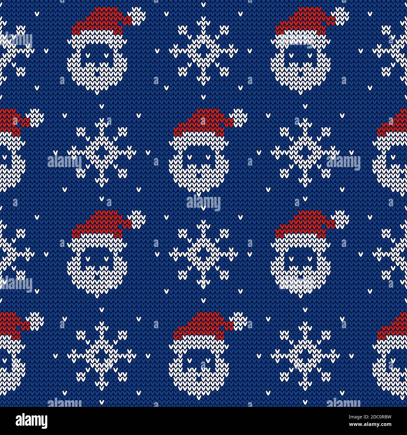 Knitted seamless pattern with Santa Clauses and snowflakes. Vector background. Blue, red and white sweater ornament. Stock Vector
