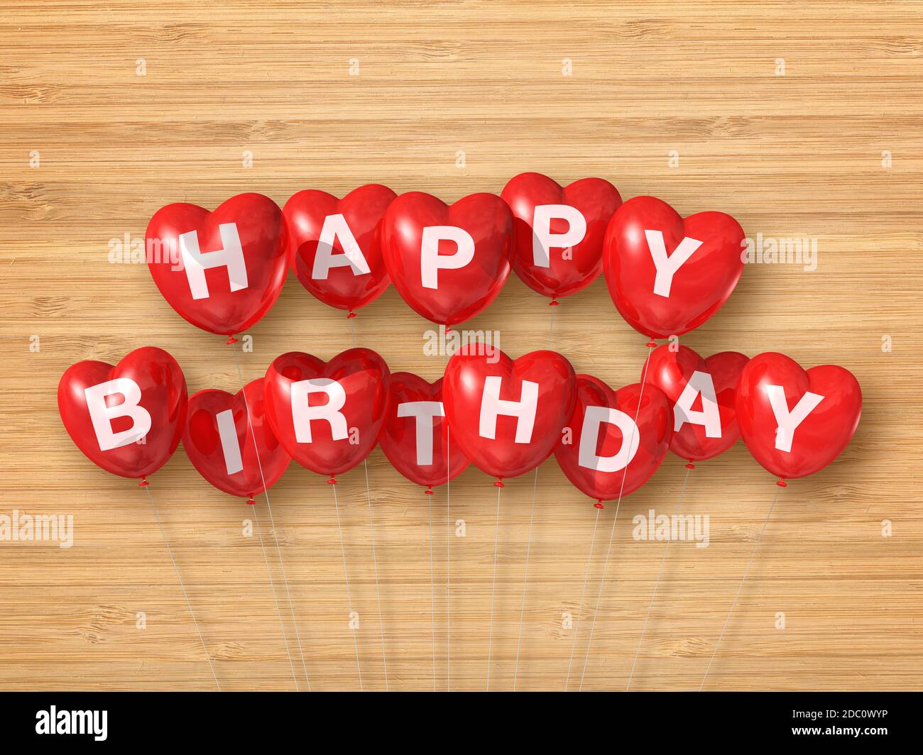 Red happy birthday heart shape air balloons on a wooden background. 3D ...