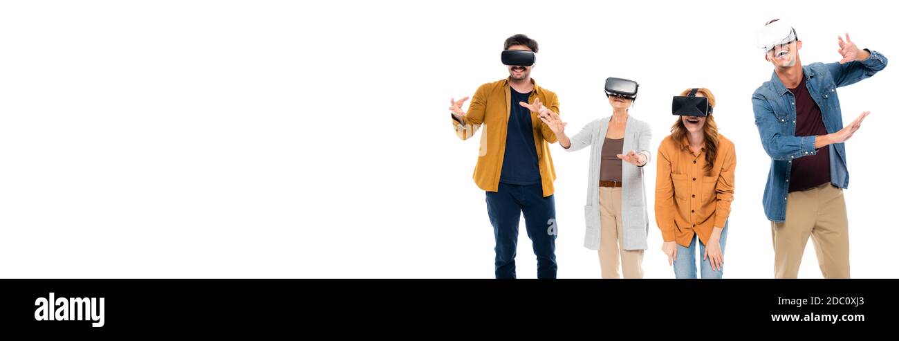 Smiling people using virtual reality headsets isolated on white, banner ...