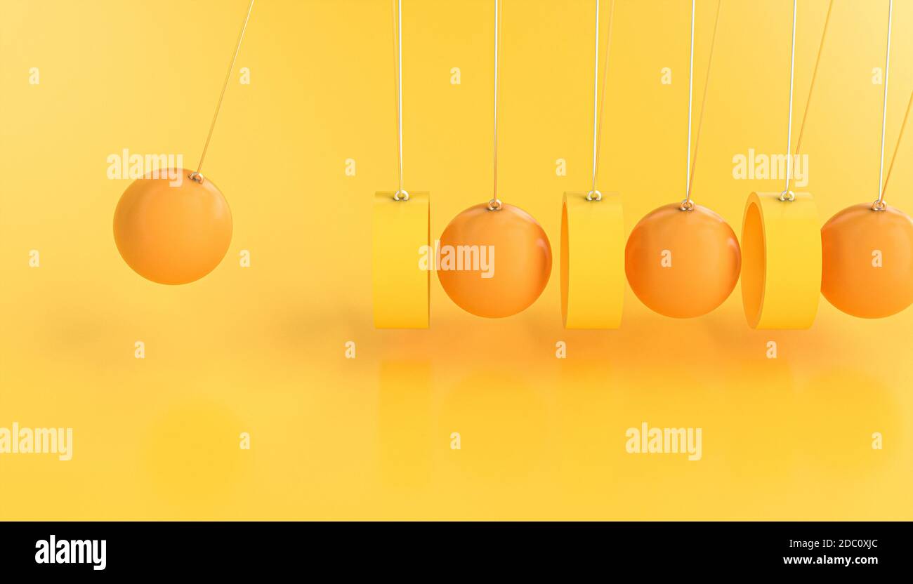 newton's pendulum made with rings and spheres. abstract background 3d render in yellow tones. Stock Photo