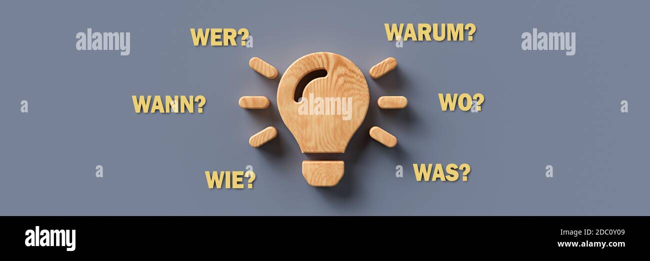 wooden lightbulb with the German words for WHEN, WHAT, WHERE, WHO, WHY ...