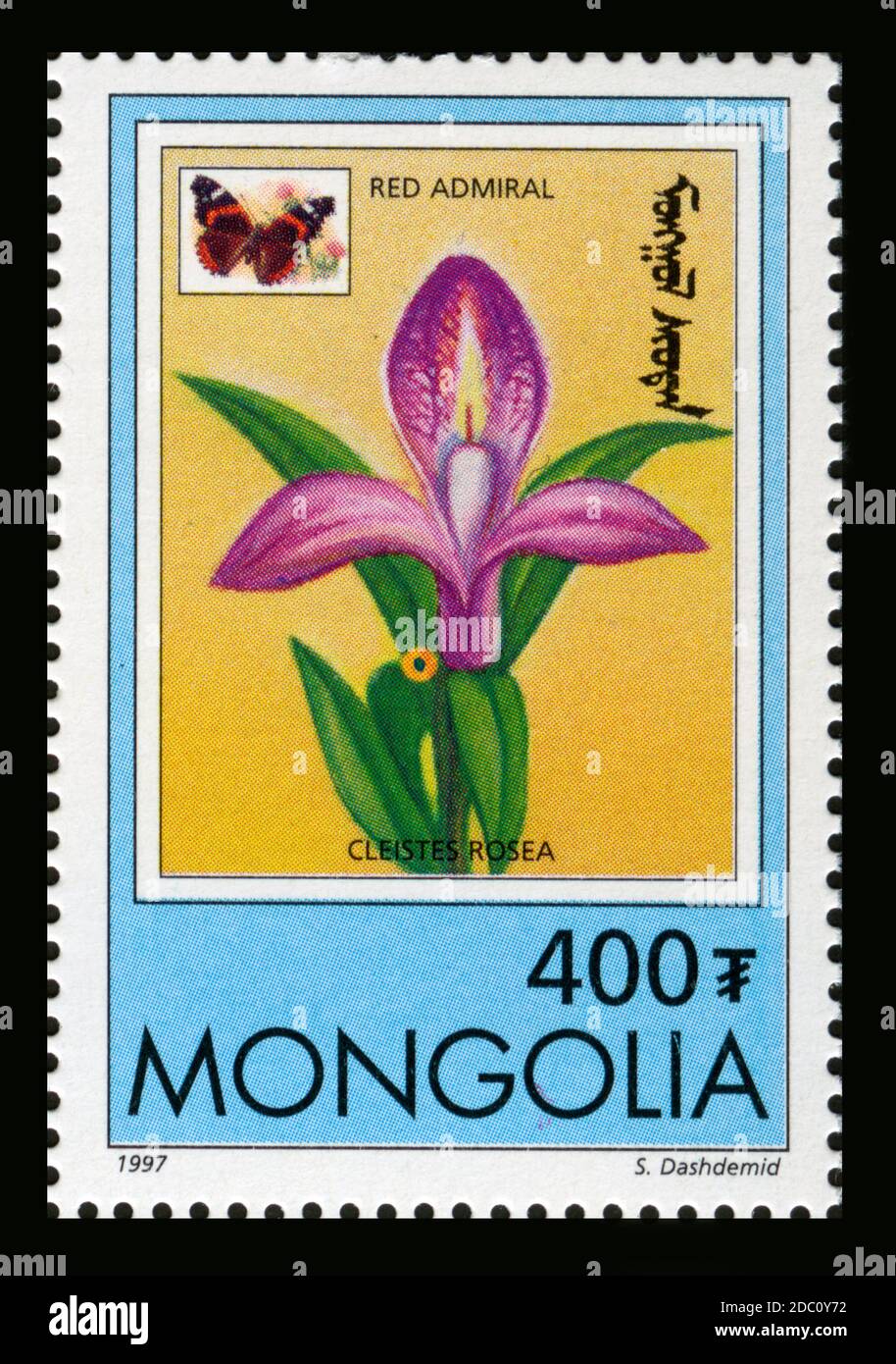 Stamp print in Mongolia,1997,flowers, orchids,Red Admiral, Cleistes Rosea Stock Photo