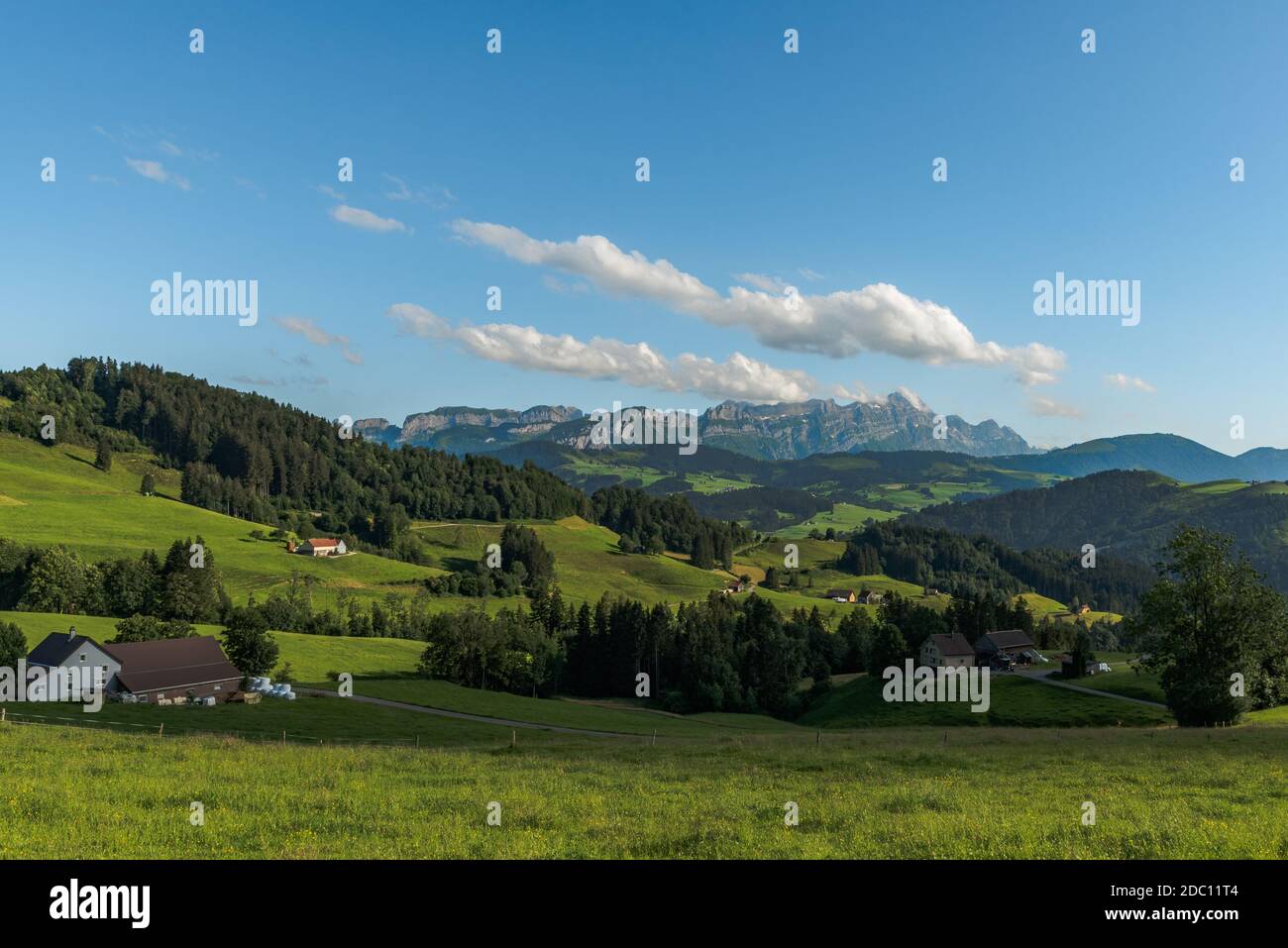 View of the Alpstein and Saentis, Appenzellerland, Canton of Appenzell Inner-Rhodes, Switzerland Stock Photo