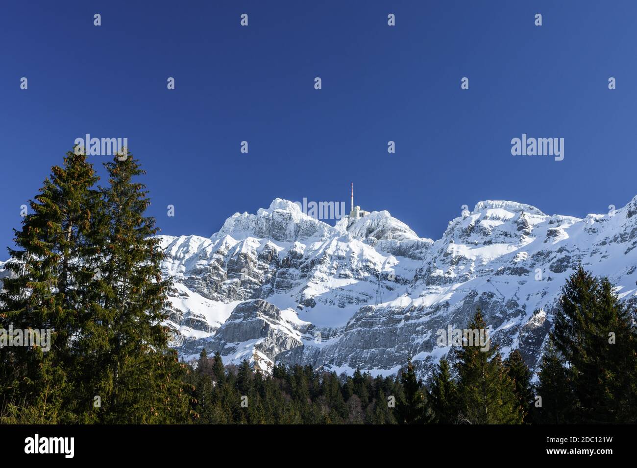 The summit of Saentis with mountain station in winter, Canton Appenzell-Ausserrhoden, Switzerland Stock Photo