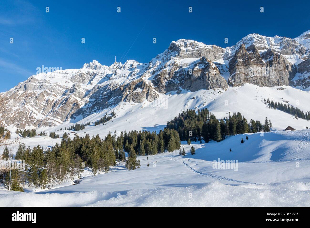 Winter landscape with the Saentis massif, Canton Appenzell-Ausserrhoden, Switzerland Stock Photo