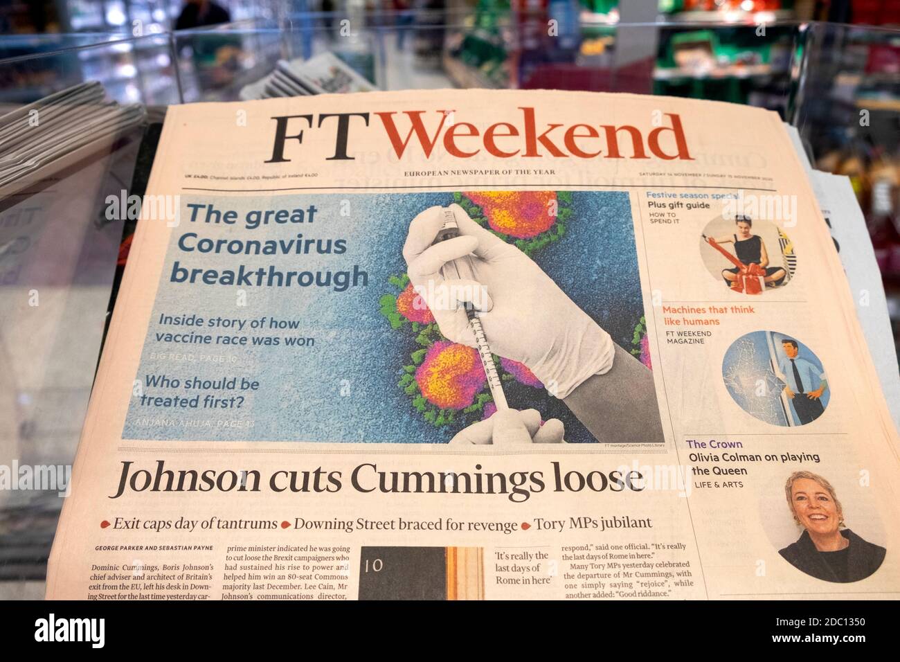 FTWeekend Financial Times newspaper headline 'Johnson cuts Cummings loose'  Dominic Cummings article & Pfizer Covid 19 vaccine front page  London UK Stock Photo