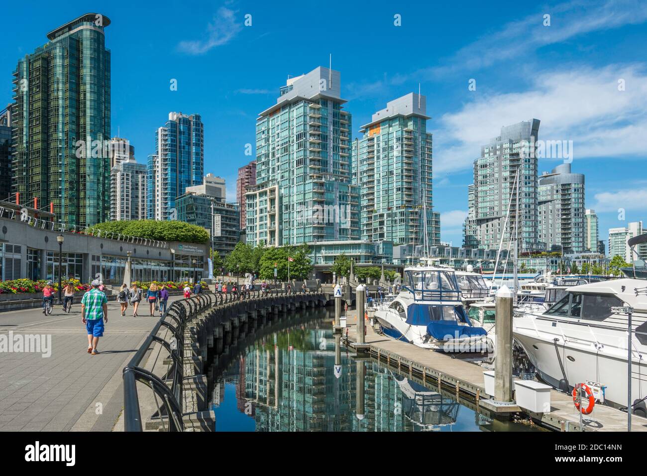 Coal Harbour Seawall Promenade, with highrise apartment buildings, Coal Harbour, Vancouver, BC