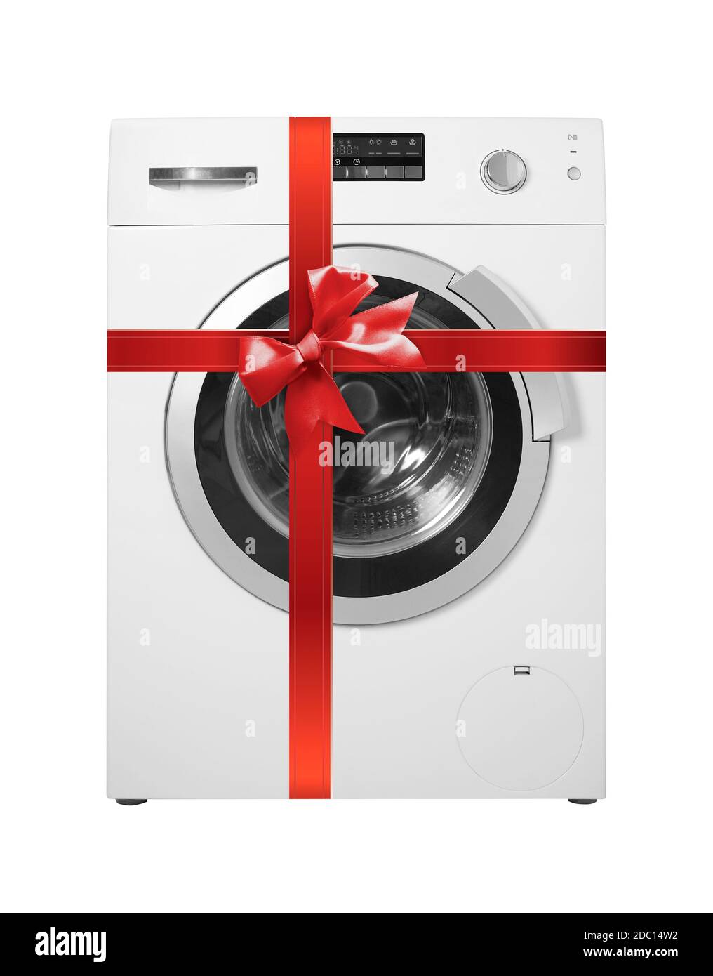 Major appliance - Front view washing machine gift tied red bow isolated on a white background Stock Photo