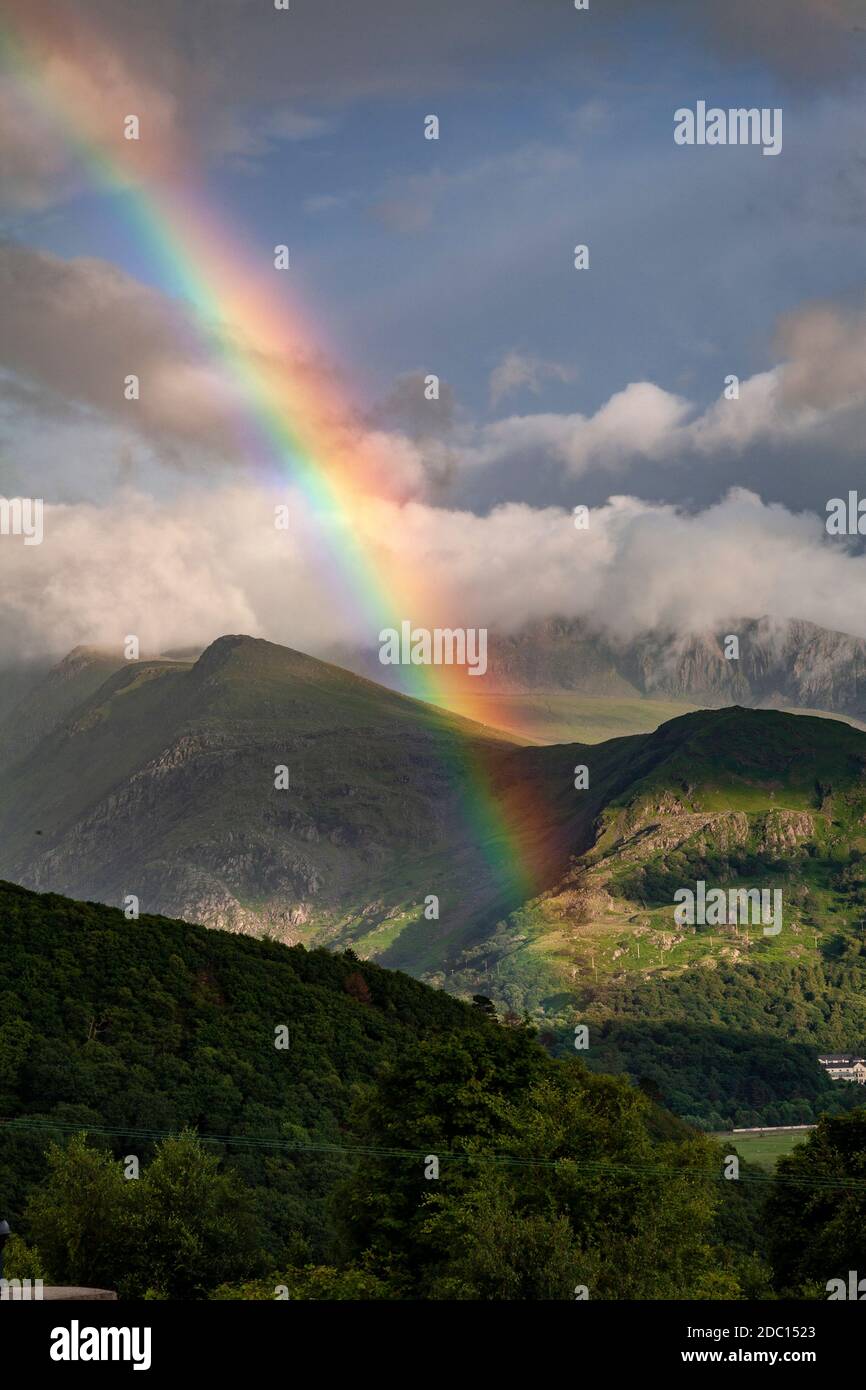 Rainbow over Llanberis Pass, Snowdonia,. North Wales Stock Photo