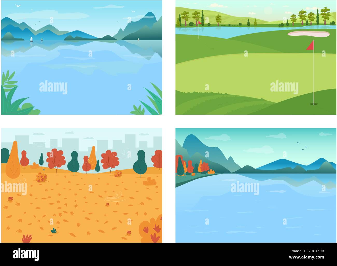 Seasonal landscape flat color vector illustration set Stock Vector ...
