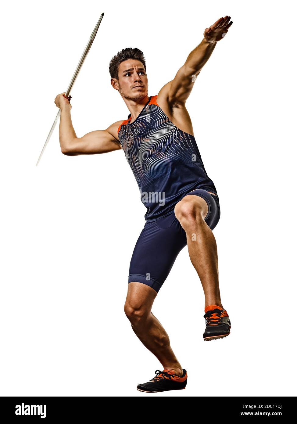 one young caucasian athlete man practicing Javelin athletics in studio isolated on white background Stock Photo